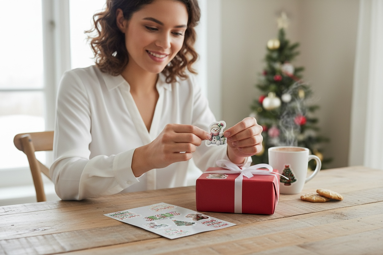 Woman using All About Jesus sticker sheet while wrapping Christmas gifts