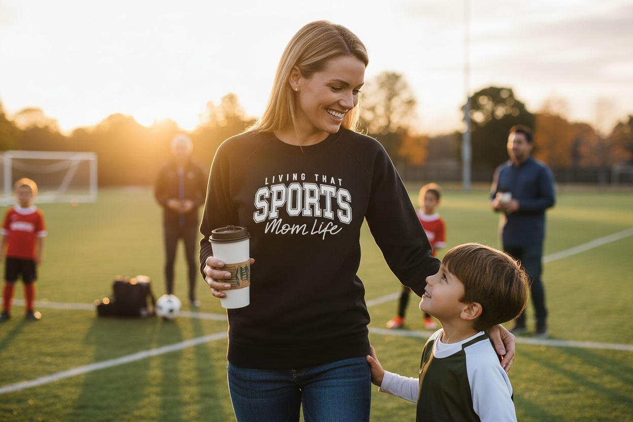 Mom wearing Sports Mom Life Sweatshirt cheering at game