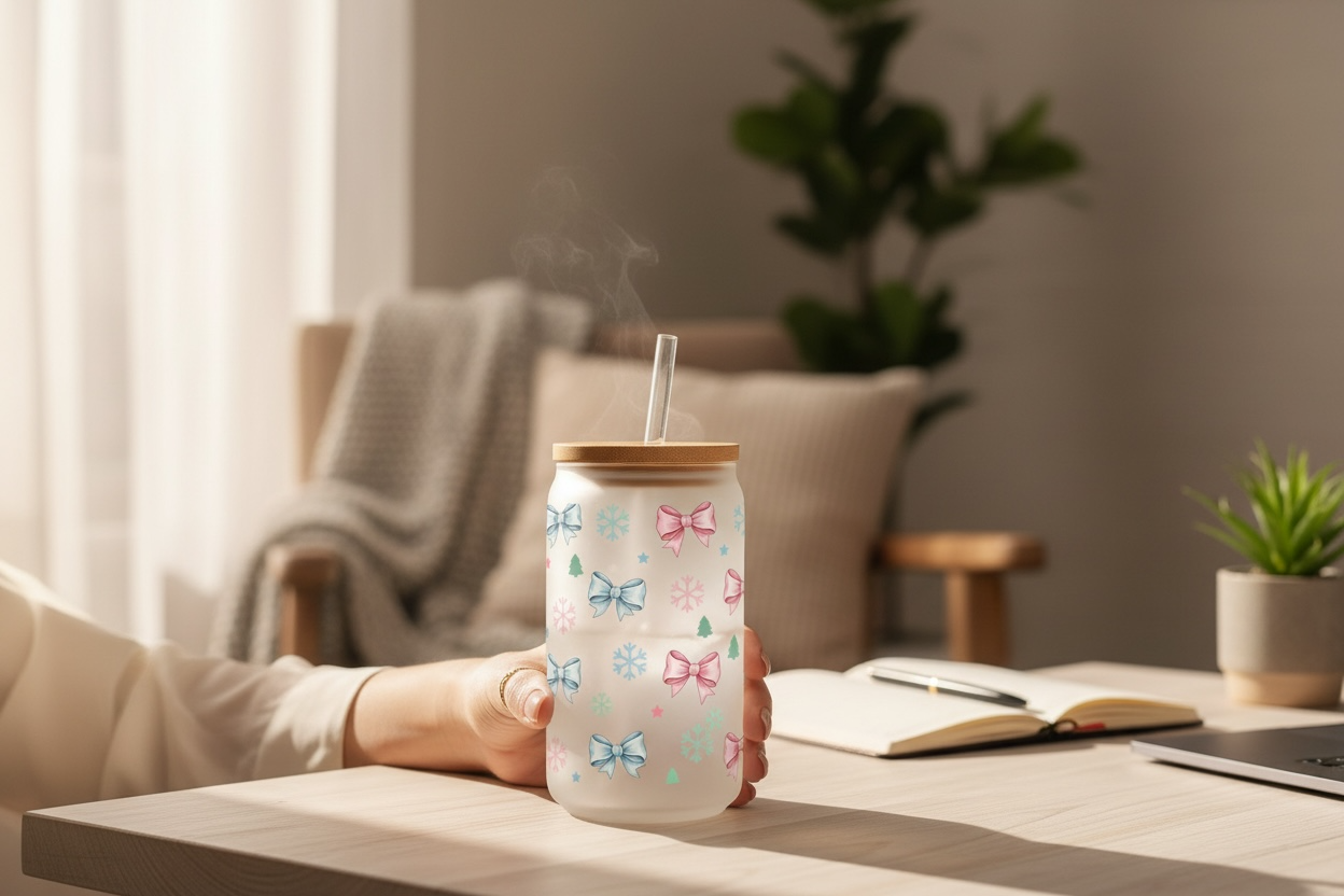 Festive Christmas Coquette glass cup in hand – luxury holiday gift idea for her