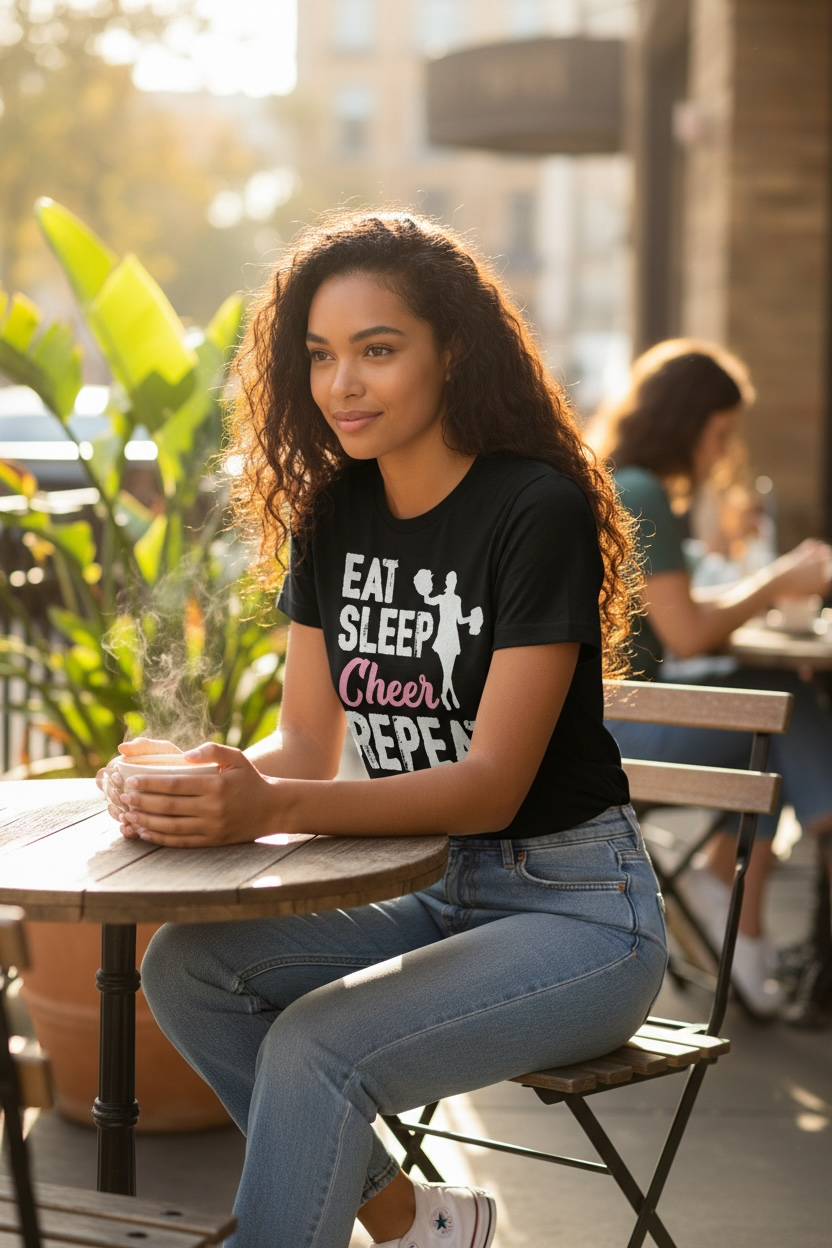 Eat Sleep Cheer Repeat T-Shirt women’s cut styled with cheer bow and jeans for every day