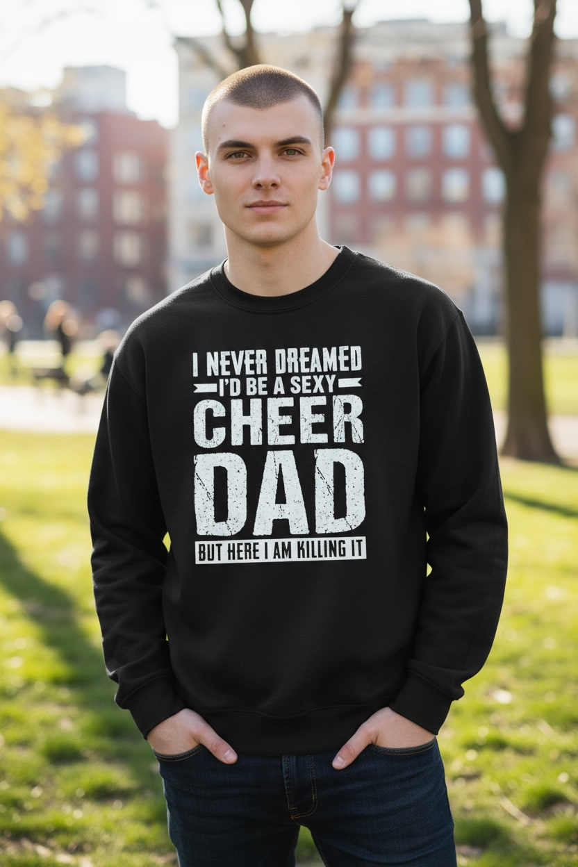 Game day outfit for cheer dad featuring “Sexy Cheer Dad” sweatshirt