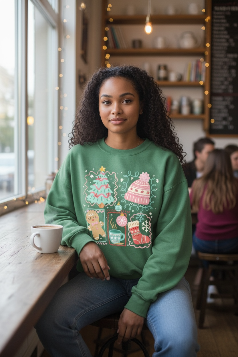 Effy’s Creations holiday sweatshirt modeled for Christmas fashion