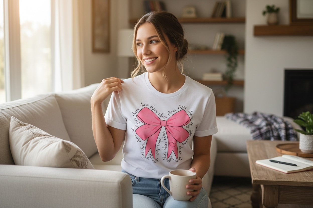 Teen girl wearing Pink Coquette Cheer T-Shirt junior women’s fit, posing with team spirit energy for cheer season