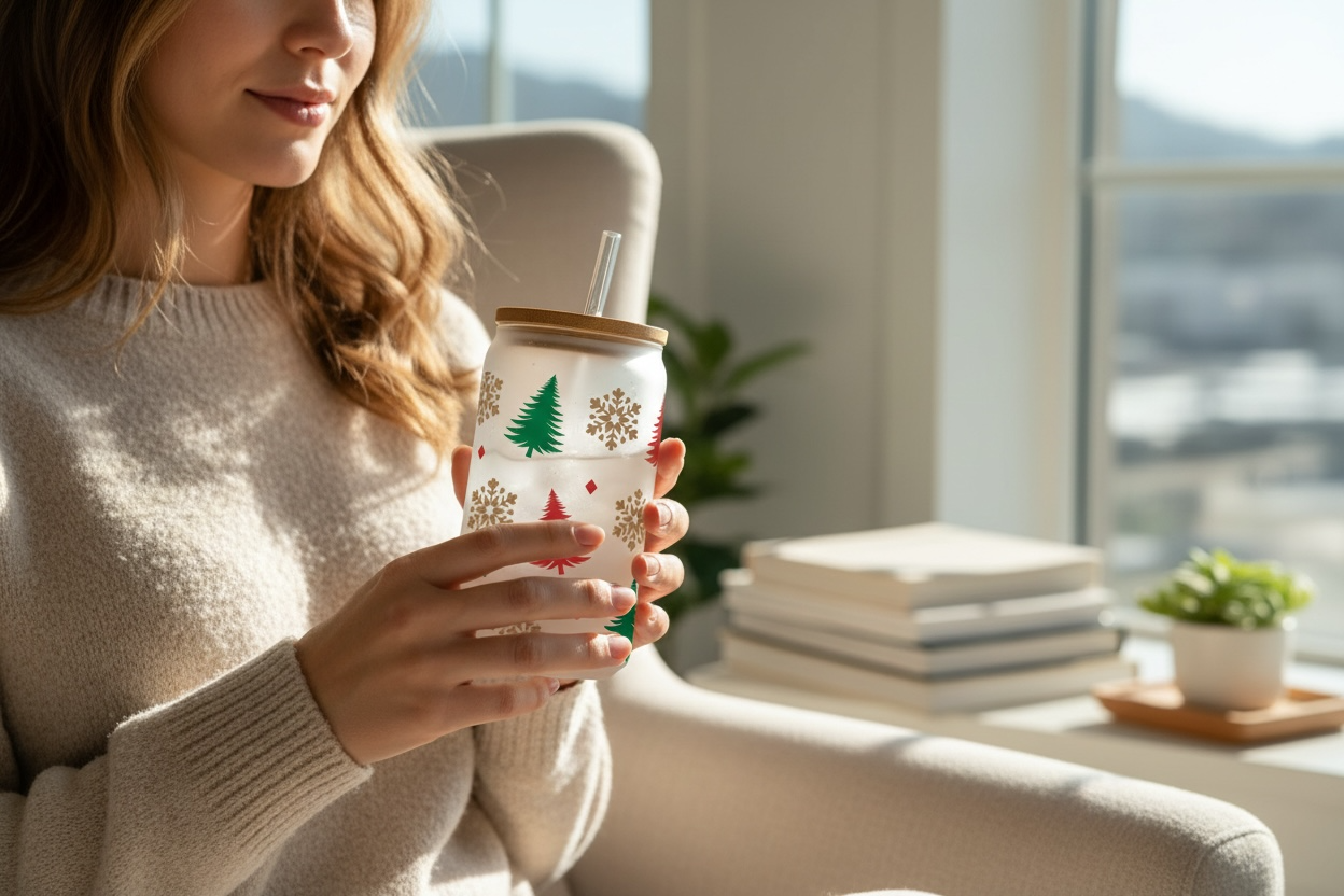 Christmas trees and snowflakes glass cup