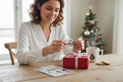 Woman using All About Jesus sticker sheet while wrapping Christmas gifts