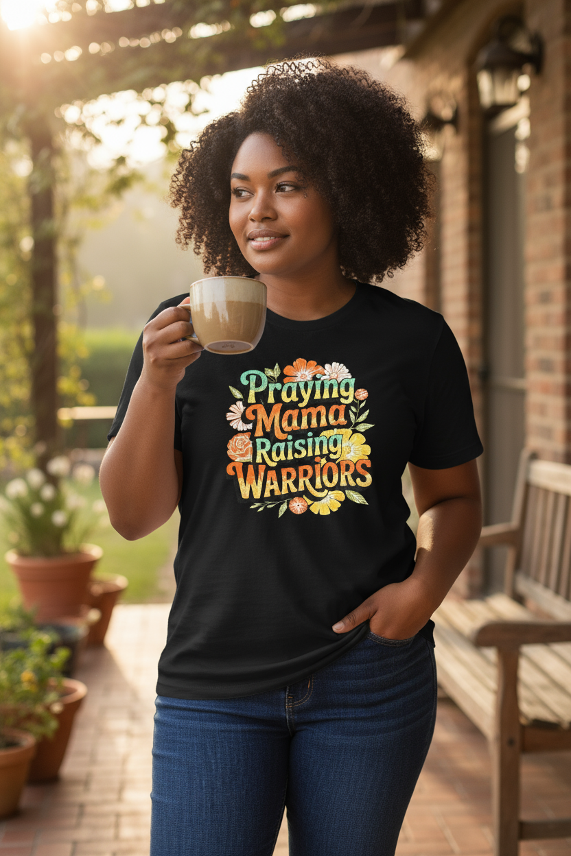 Luxury Christian tee for mothers — bold Praying Mama Raising Warriors design by Effy’s Creations