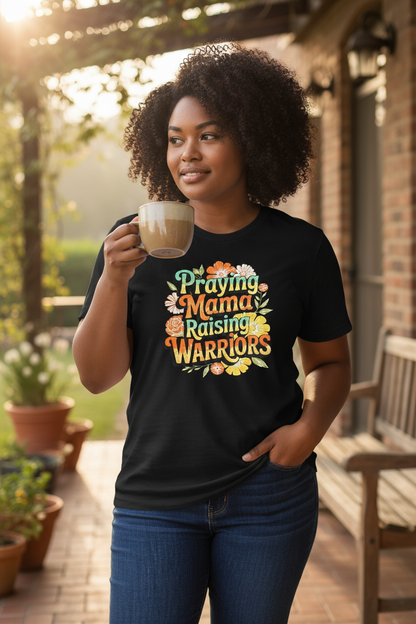 Luxury Christian tee for mothers — bold Praying Mama Raising Warriors design by Effy’s Creations