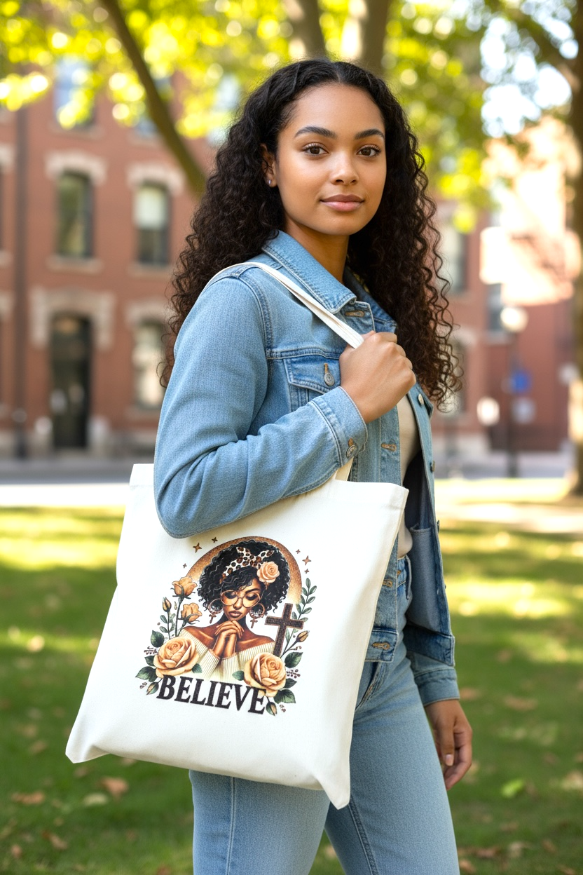 Young women holding the tote bag, everyday faith tote, empowering and elegant