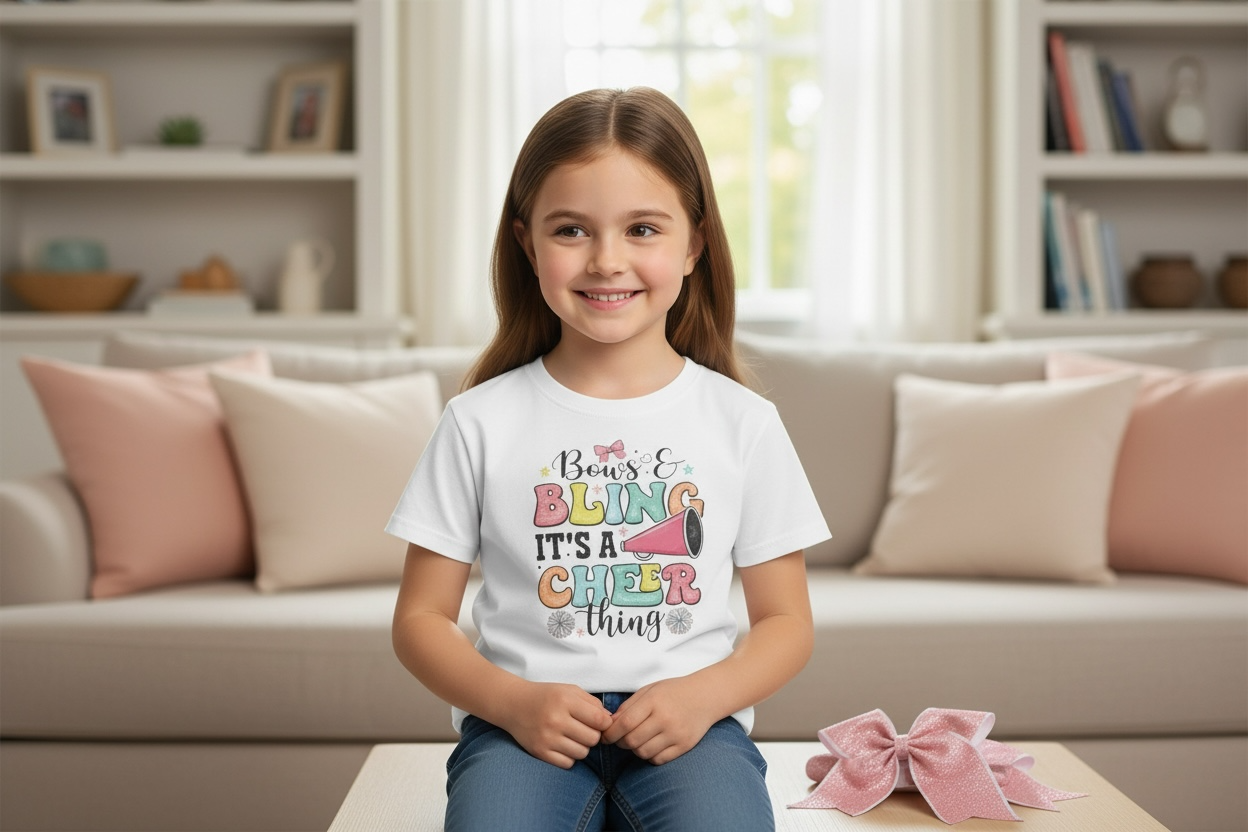 Smiling little girl wearing Bows and Bling It’s a Cheer Thing t-shirt, sitting on sofa with pink bow, cute cheer outfit for girls
