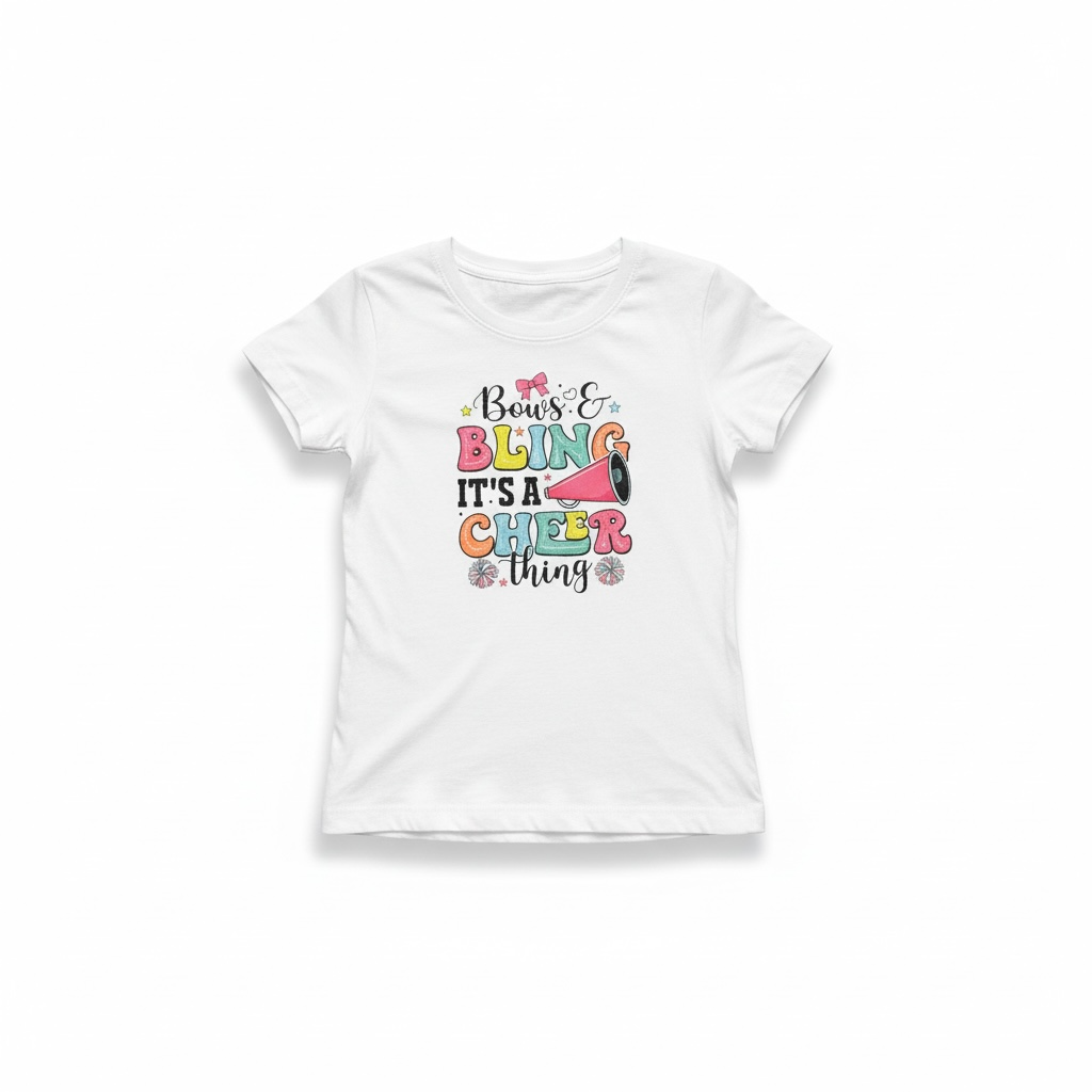 White little girl t-shirt with colorful Bows and Bling It’s a Cheer Thing graphic, boutique cheer shirt for girls