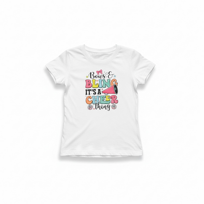 White little girl t-shirt with colorful Bows and Bling It’s a Cheer Thing graphic, boutique cheer shirt for girls
