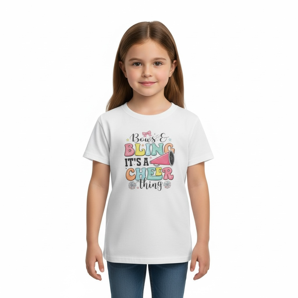 Little girl standing and modeling white Bows and Bling It’s a Cheer Thing cheerleading t-shirt with jeans