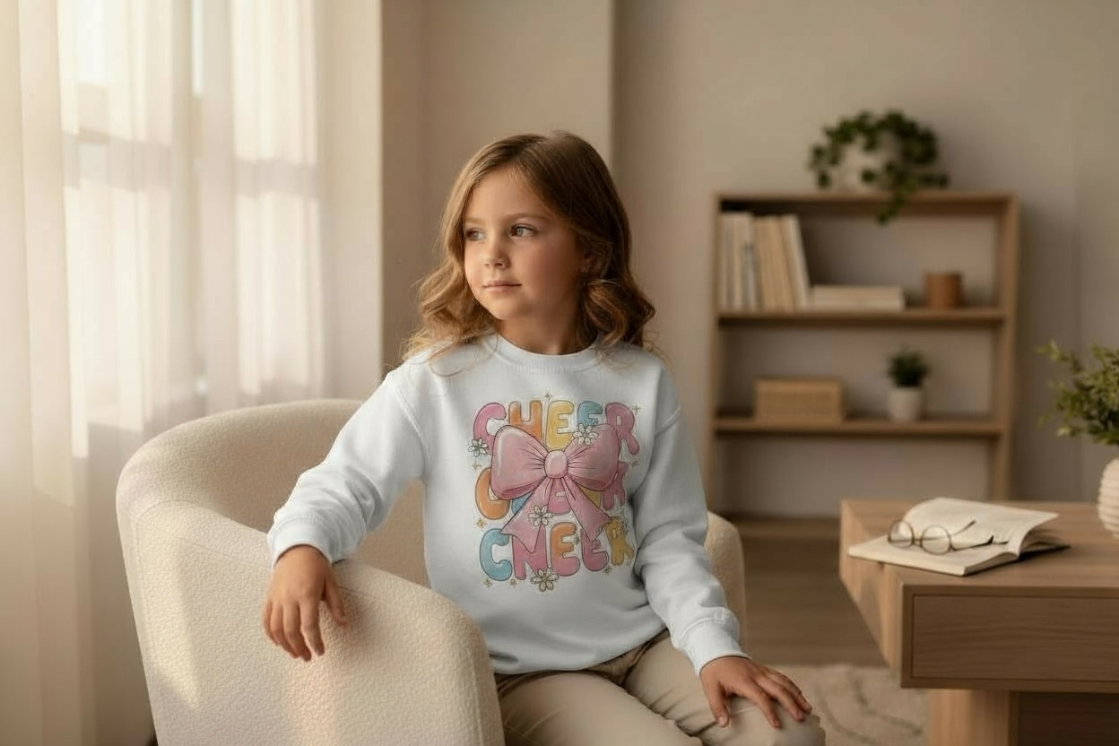Young girl wearing Cheer Coquette pink bow cheer sweatshirt