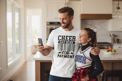 Cheer dad supporting daughter while wearing Scan for Payment t-shirt