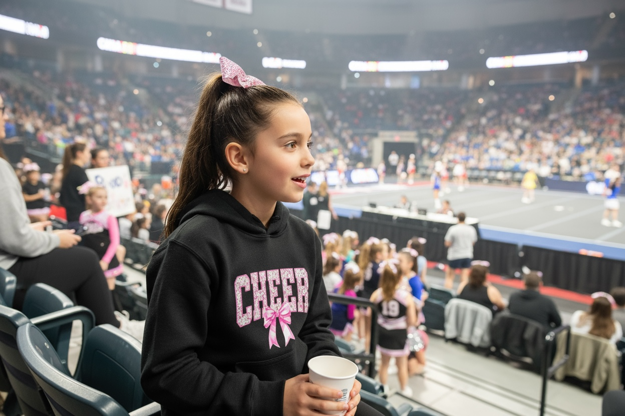 Young girl wearing youth cheer hoodie at competition