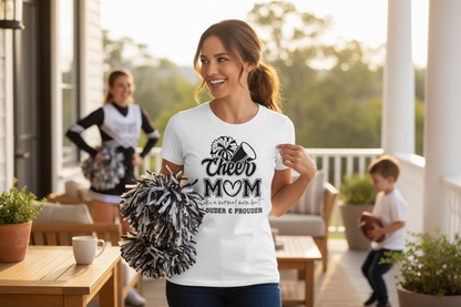 White Cheer Mom graphic tee styled with bows, pom poms and jeans for a game day outfit
