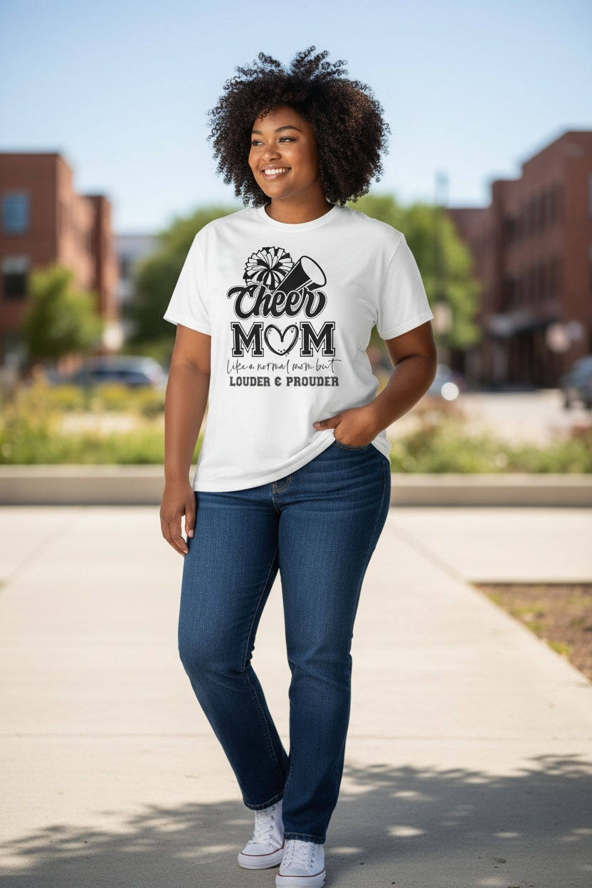 Woman wearing a white t-shirt with 'Cheer Mom' text, standing outdoors on a sunny day.