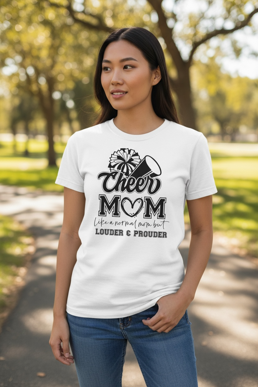 Model wearing white Cheer Mom t-shirt with Louder and Prouder saying, women’s fitted cheer mom shirt for game day