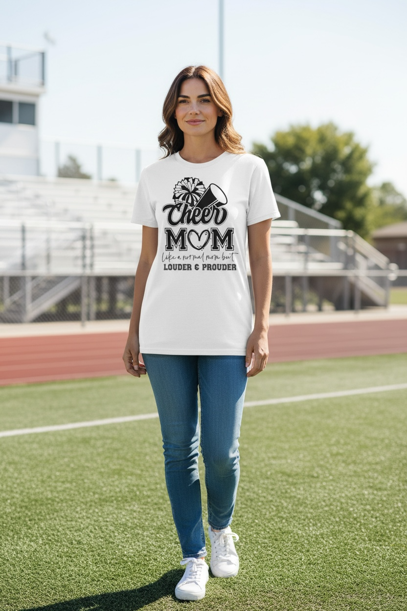 Woman wearing a 'Cheer Mom' t-shirt on a sports field