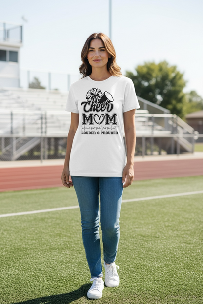 Woman wearing a 'Cheer Mom' t-shirt on a sports field