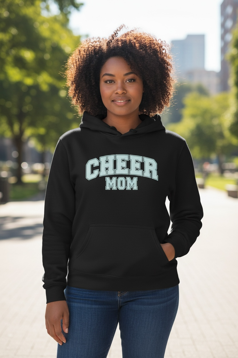 Cheer Mom Hoodie in black on proud mother in the street – premium cotton-blend luxury fashion