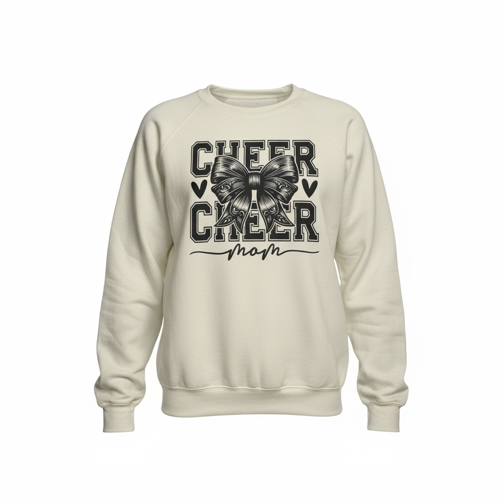 Close up of Cheer Mom Sweatshirt showing premium cotton-blend fabric, fitted women’s cut, neckline & sleeve detail