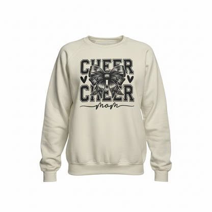 Close up of Cheer Mom Sweatshirt showing premium cotton-blend fabric, fitted women’s cut, neckline & sleeve detail