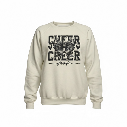 Close up of Cheer Mom Sweatshirt showing premium cotton-blend fabric, fitted women’s cut, neckline & sleeve detail