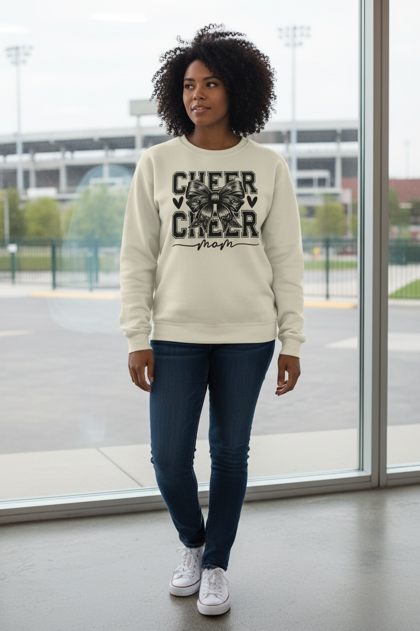 Cheer Mom Sweatshirt worn with jeans and sneakers, luxe casual look for proud mom style beyond the stands