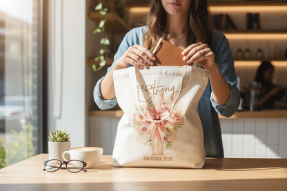 White canvas tote bag with modern Christian design promoting bold faith 