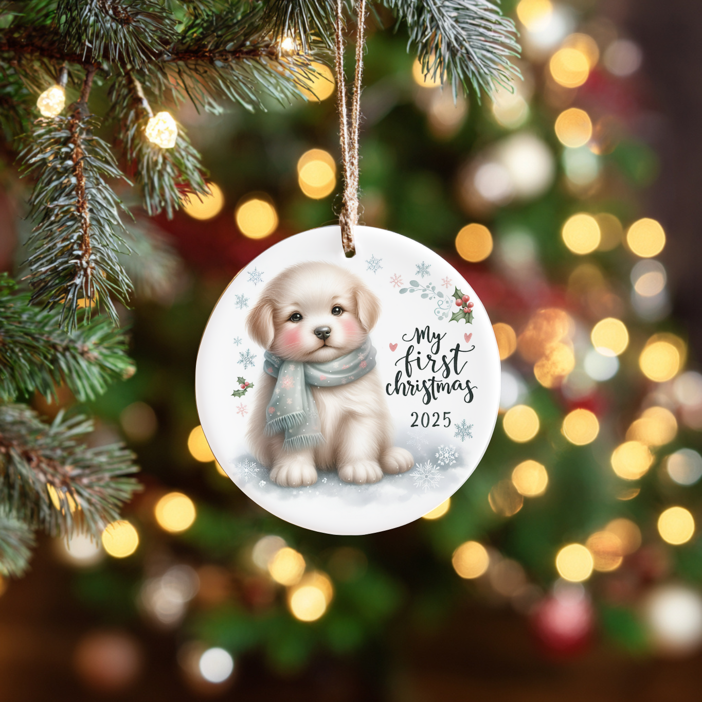 Christmas puppy ornament with holiday design for dog lovers