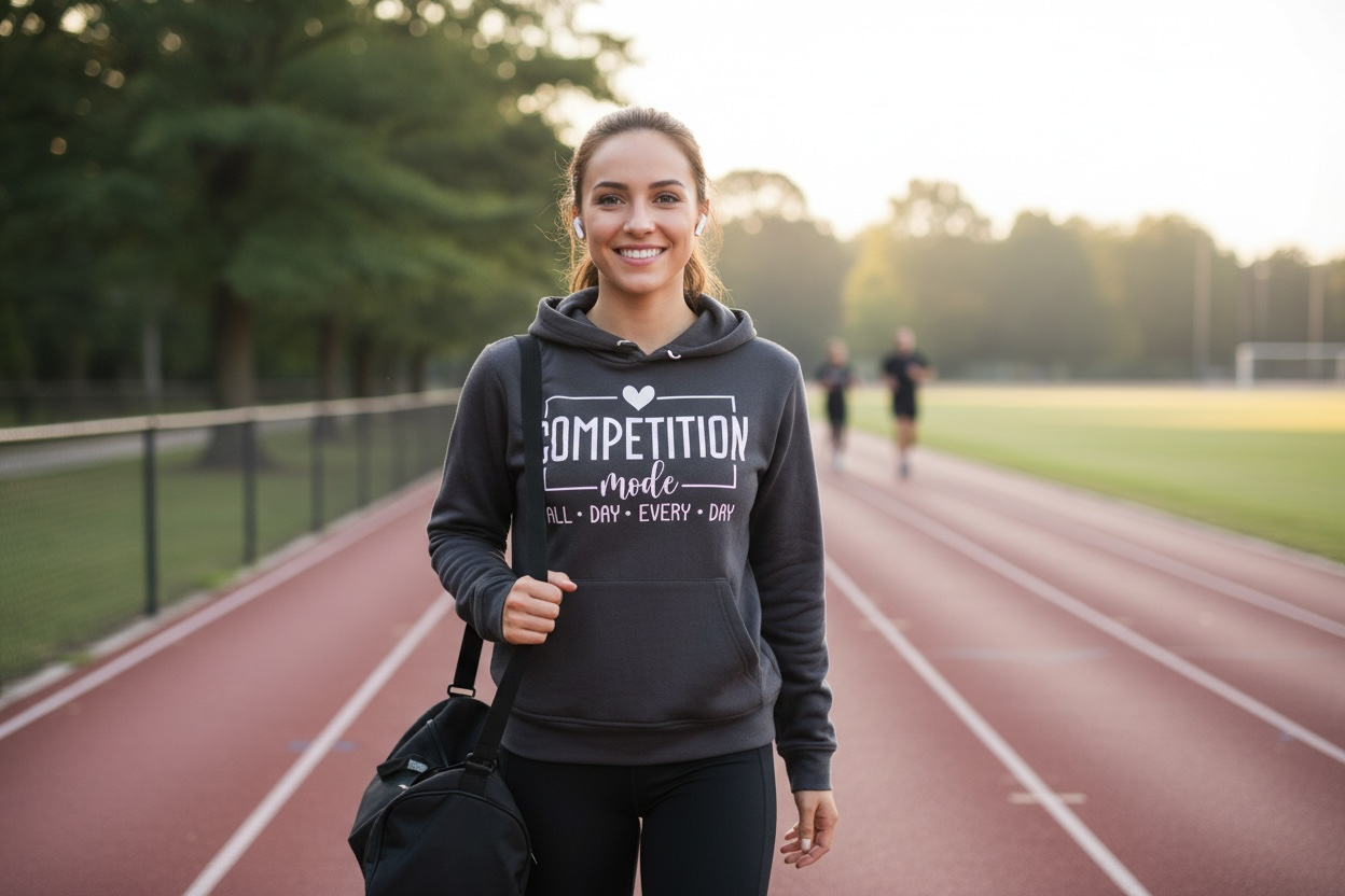 Women’s cut Competition Mode sweatshirt styled for spirit day