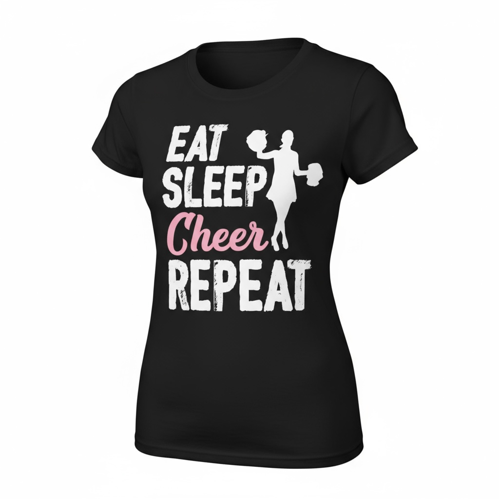 Eat Sleep Cheer Repeat T-Shirt women’s cut white teen cheer graphic tee junior ladies