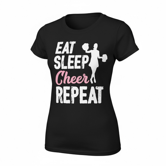 Eat Sleep Cheer Repeat T-Shirt women’s cut white teen cheer graphic tee junior ladies