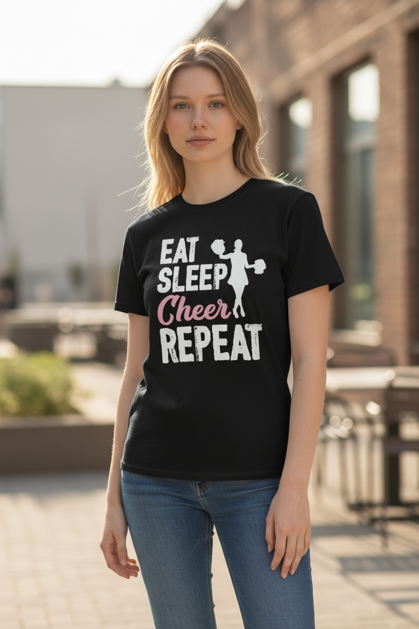 Young woman wearing Eat Sleep Cheer Repeat T-Shirt women’s junior cut at game day look
