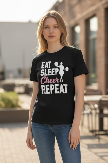 Young woman wearing Eat Sleep Cheer Repeat T-Shirt women’s junior cut at game day look
