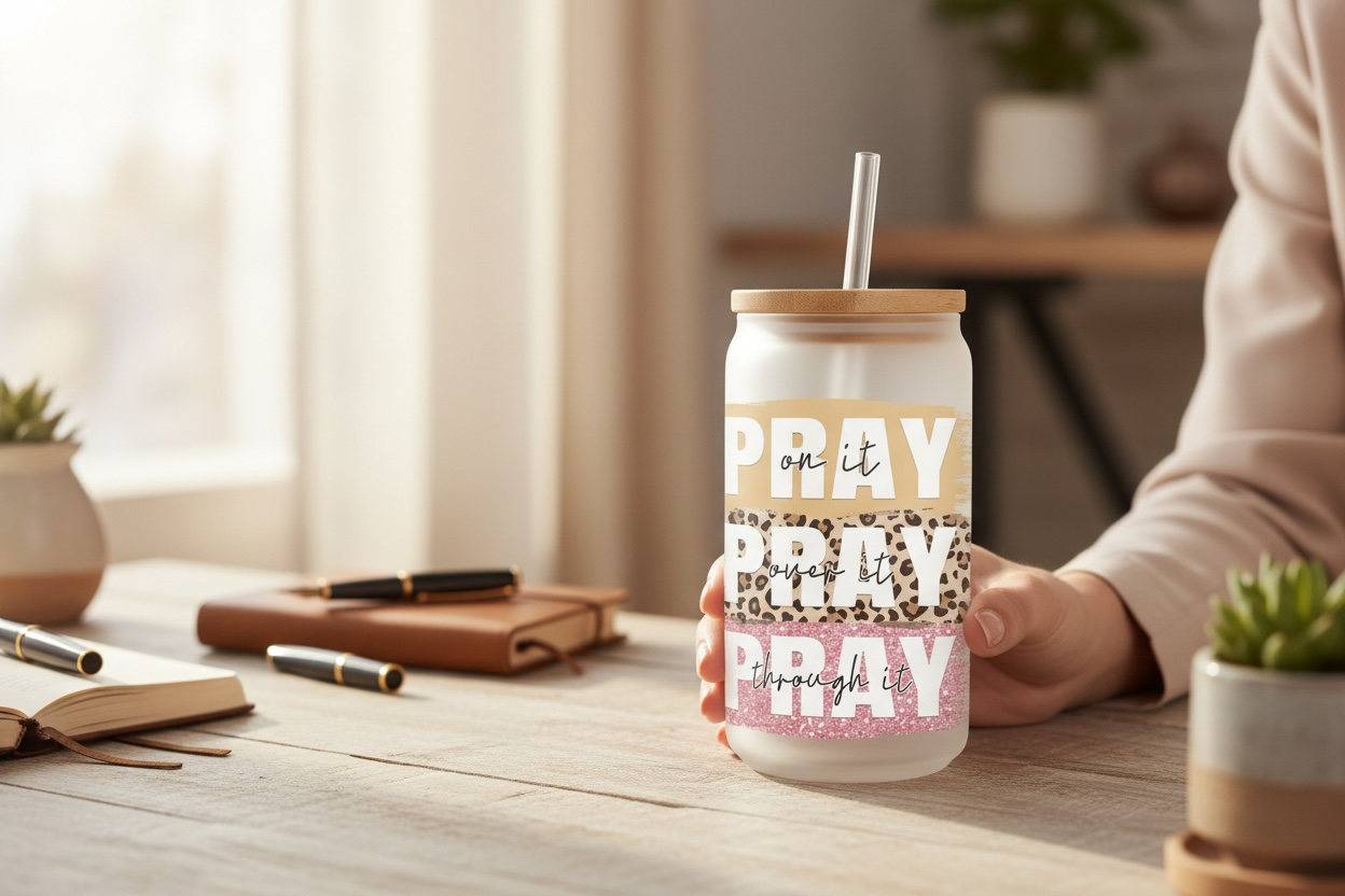 Woman holding leopard print “Pray On It Pray Over It” glass cup, premium Christian gift for her, Effy’s Creations