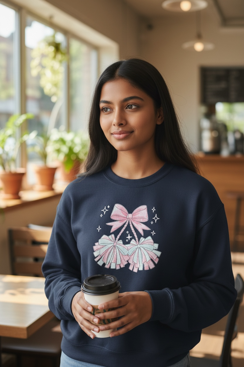 Woman wearing a navy blue sweatshirt with a pink design, holding a coffee cup in a casual setting.
