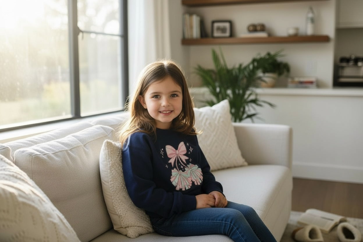 Young girl sitting on a couch in a cozy living room