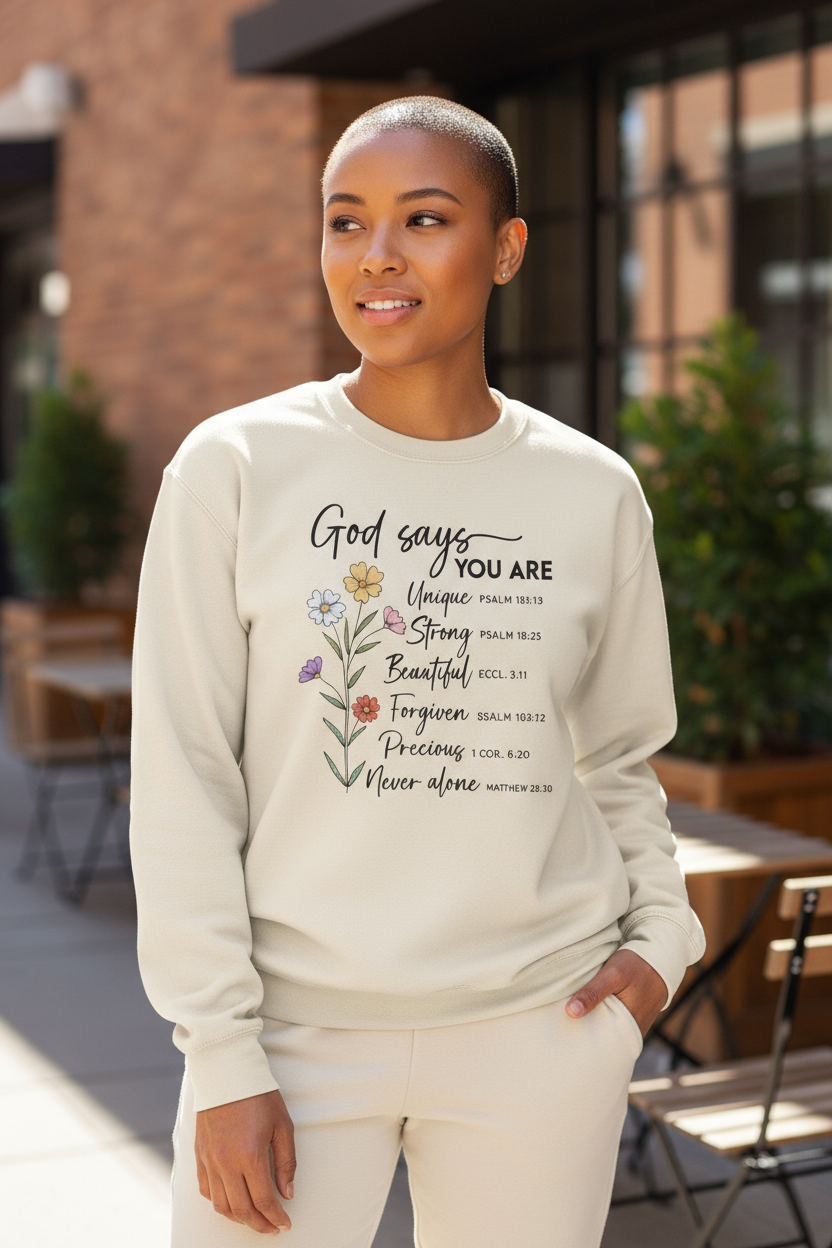 Luxury faith-based sweatshirt by Effy’s Creations — Christian identity clothing for women