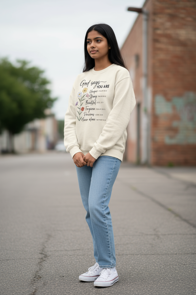 Cozy white Christian sweatshirt with faith message ‘God Says You Are’ — luxury apparel for modern women of faith.