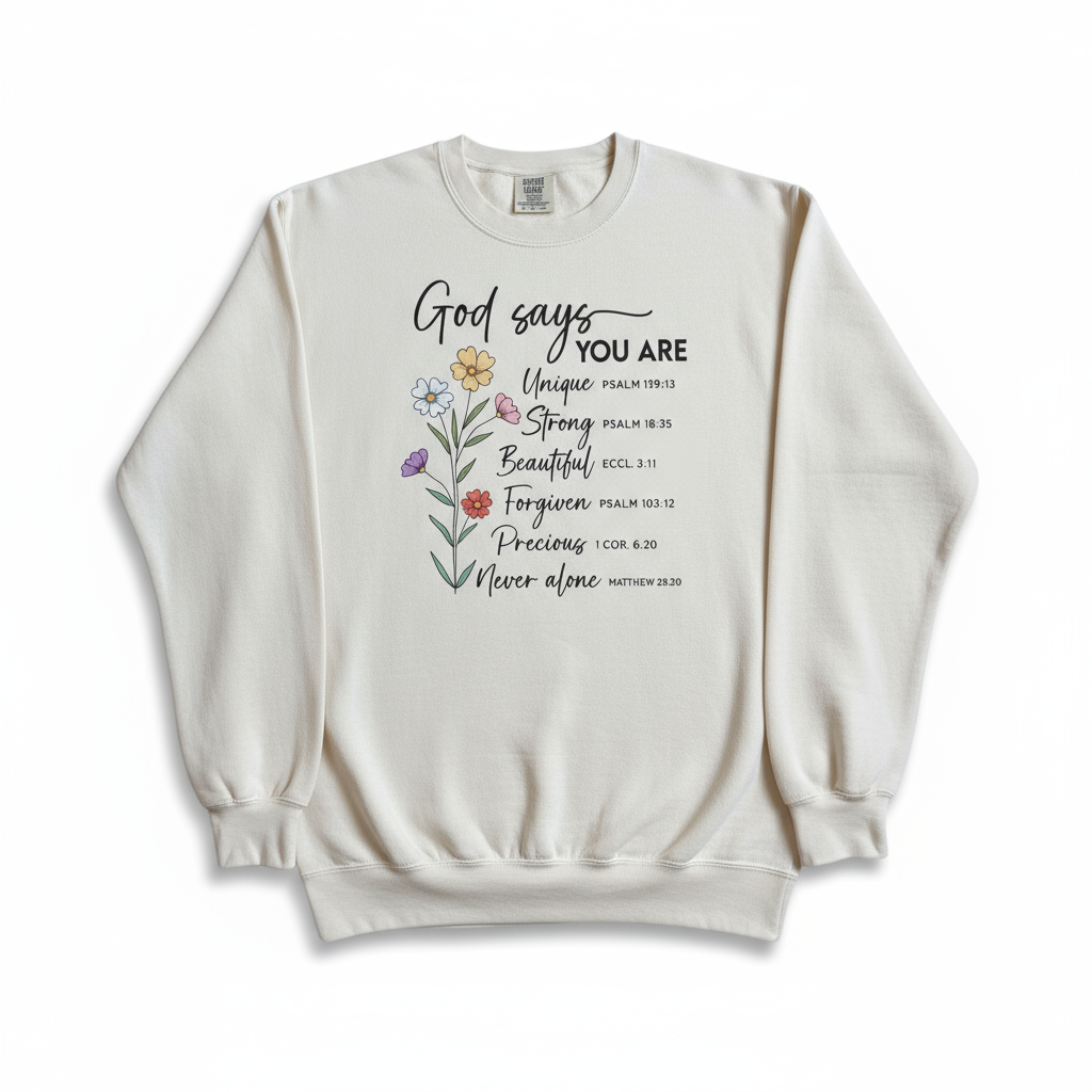 Luxury Christian sweatshirt featuring the phrase ‘God Says You Are’ — faith-inspired apparel by Effy’s Creations for women of faith