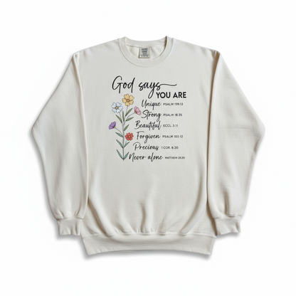 Luxury Christian sweatshirt featuring the phrase ‘God Says You Are’ — faith-inspired apparel by Effy’s Creations for women of faith