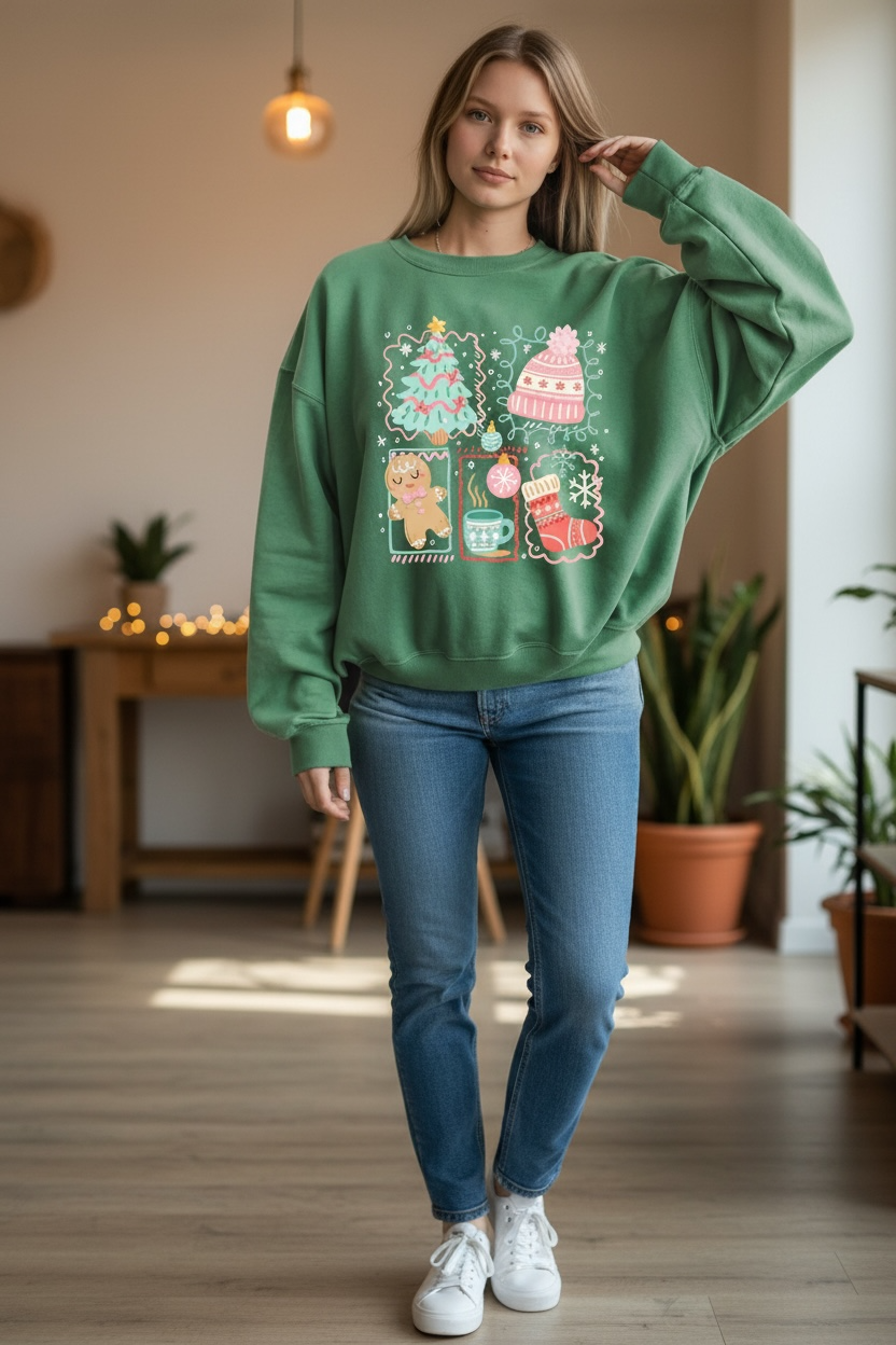 Christmas Sweatshirt styled with ornaments and holiday décor – boutique holiday outfit