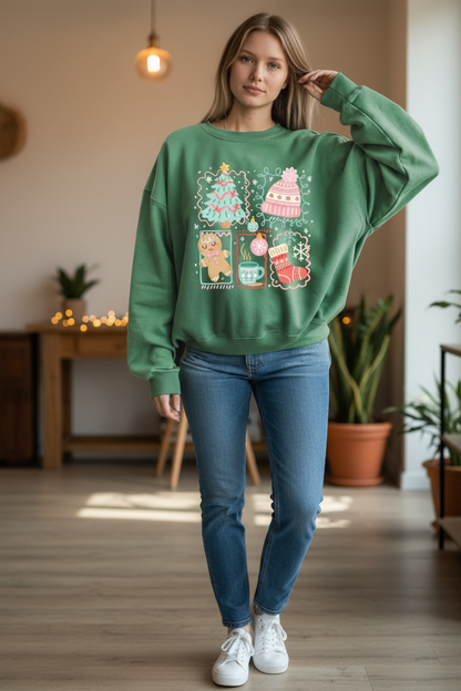 Christmas Sweatshirt styled with ornaments and holiday décor – boutique holiday outfit