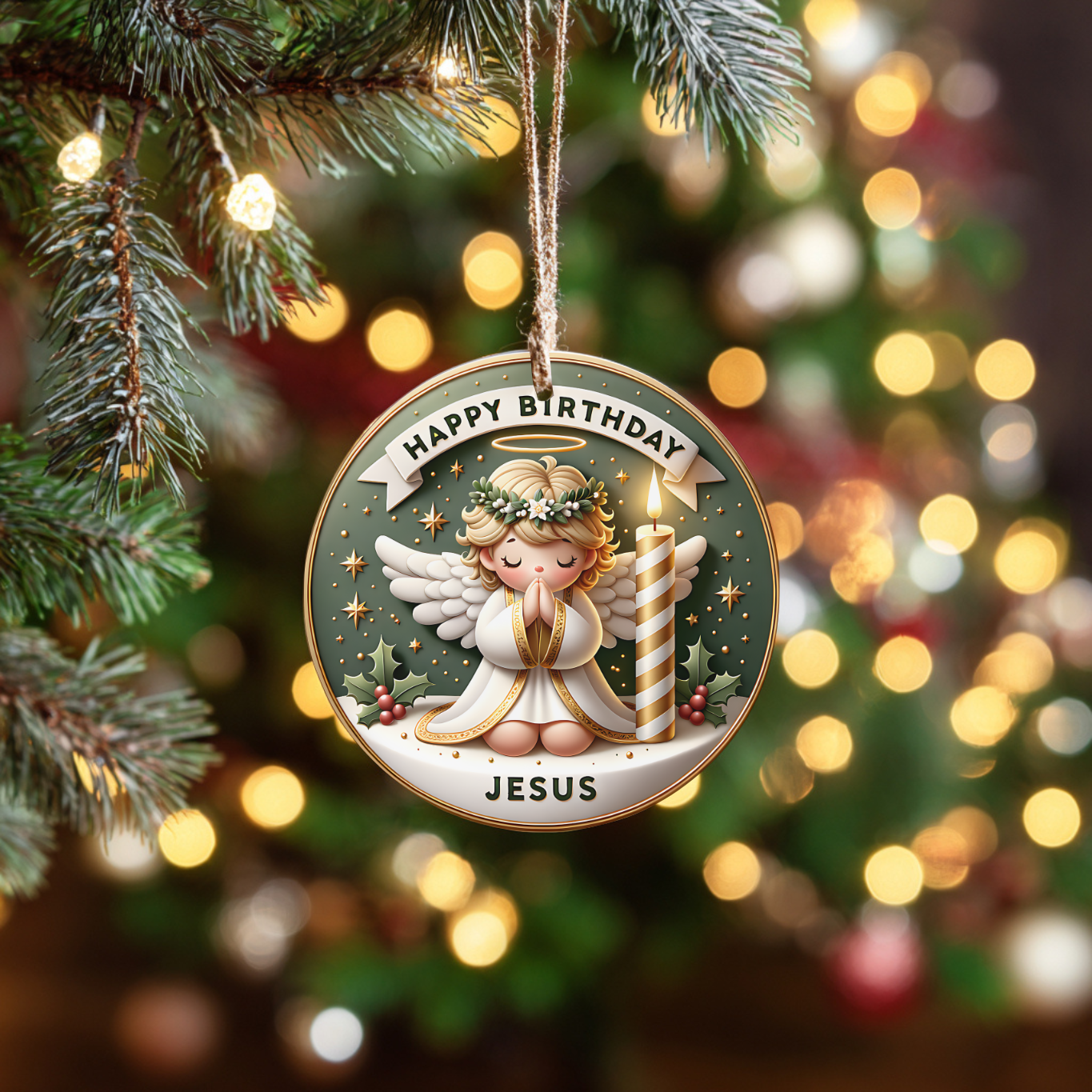 Happy Birthday Jesus ceramic ornament hanging on Christmas tree branch