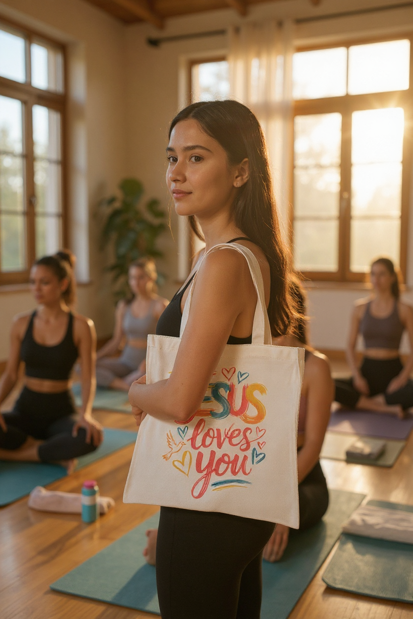 Women at a yoga studio holding her Jesus Loves You Tote Bag 