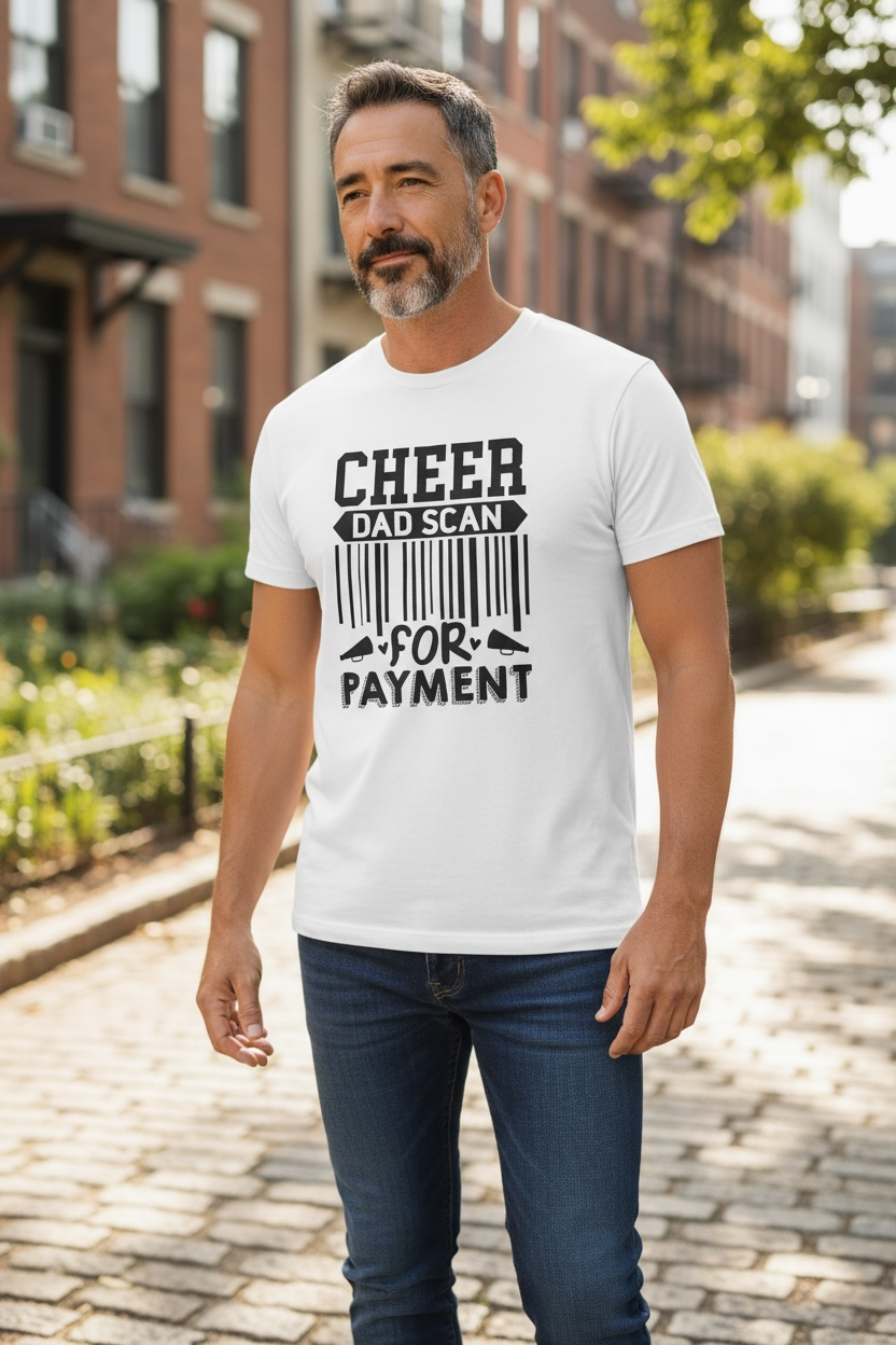 Dad of cheerleader wearing funny Scan for Payment t-shirt game day