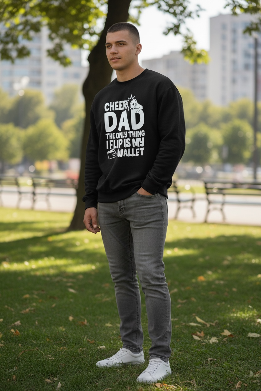 Man wearing a black cheer dad  sweatshirt with text standing in a park