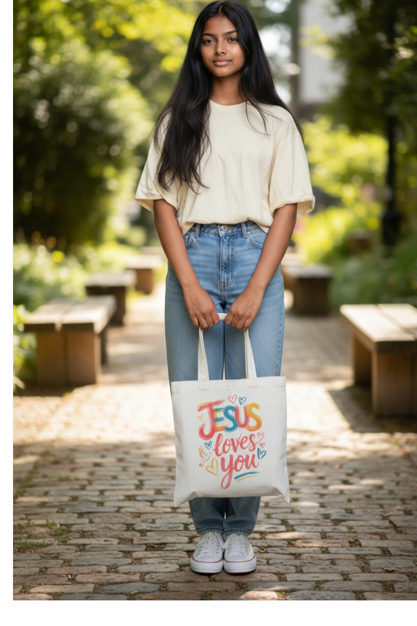 Christian lifestyle accessory — premium Jesus Loves tote bag for women of faith